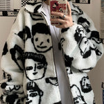 WAKUTA Winter Wool Coat Female Street Wear Chic Cute Funny Print Coats and Jackets Casual Loose Winter Clothes for Women