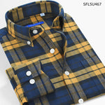 Men'S Long-Sleeved Slim Cotton Business Casual Flannel Brushed Plaid Shirt