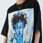 Blue Melancholic Portrait Satin Patch Short-sleeved Oversize Loose Casual Trendy T-shirt
