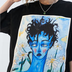 Blue Melancholic Portrait Satin Patch Short-sleeved Oversize Loose Casual Trendy T-shirt