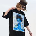 Blue Melancholic Portrait Satin Patch Short-sleeved Oversize Loose Casual Trendy T-shirt
