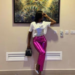 Autumn And Winter New Fashion Bright PU Leather Pocket Loose Zip Women's Casual Pants