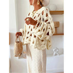 Womens Sweaters Crewneck Elegant Soft Long Sleeve Hollow Out Crochet Knit Pullover Tops