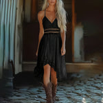 Women's Solid Color V-Neck Slip Dress With Asymmetrical Hem & Lace Trim - Bohemian Midi Dress For Summer