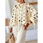 Womens Sweaters Crewneck Elegant Soft Long Sleeve Hollow Out Crochet Knit Pullover Tops