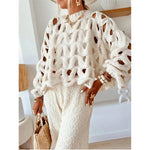 Womens Sweaters Crewneck Elegant Soft Long Sleeve Hollow Out Crochet Knit Pullover Tops