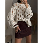 Womens Sweaters Crewneck Elegant Soft Long Sleeve Hollow Out Crochet Knit Pullover Tops